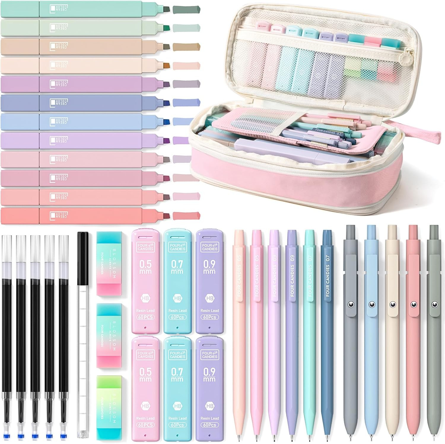 39 PCS Aesthetic School Supplies with Cute Pen Case, 12 Pastel Highlighters, 5 B