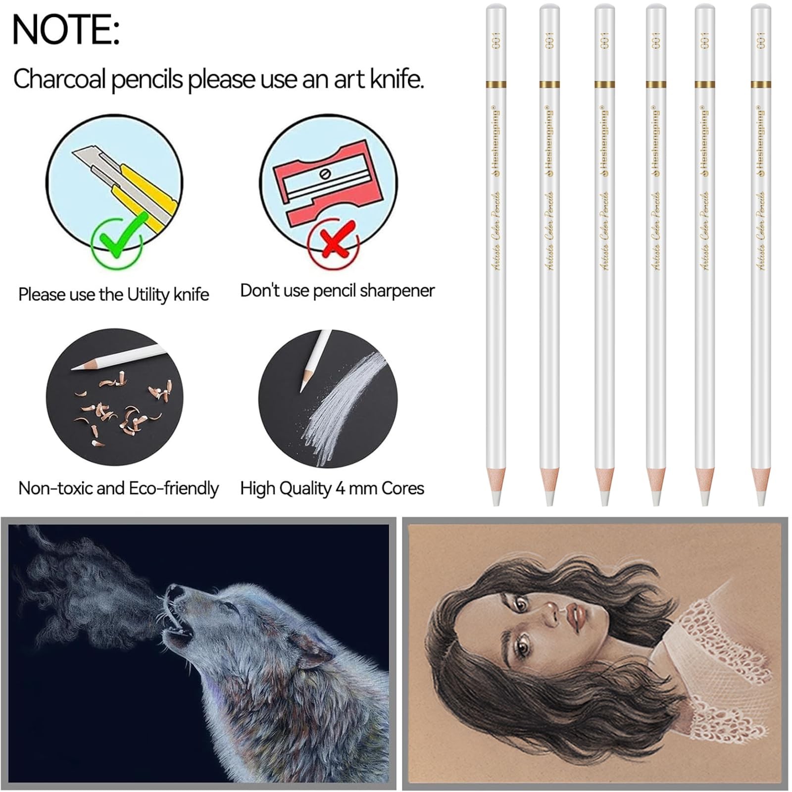 White Color Pencils, Professional 6 Pack Draw Pencil for Sketching,