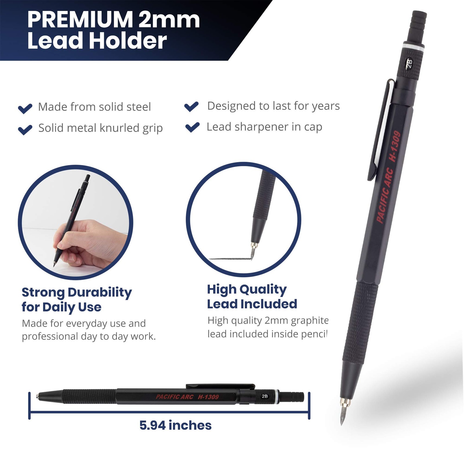 Premium Gravity Feed Technical Lead Holder All Metal Black 2 mm