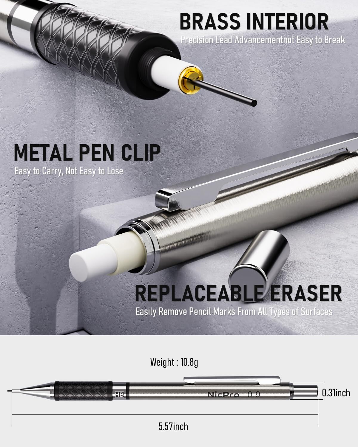 Nicpro 0.9 mm Mechanical Pencil Set with Case, 3PCS Metal 0.9MM, Metallic