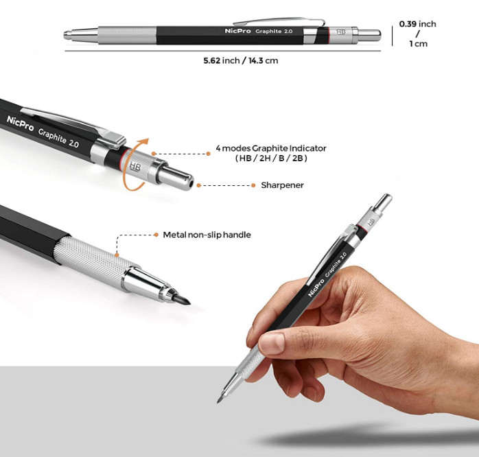 Nicpro 2.0 mm Mechanical Pencil Set Metal Lead Holder 5 Tube Graphite Refill HB