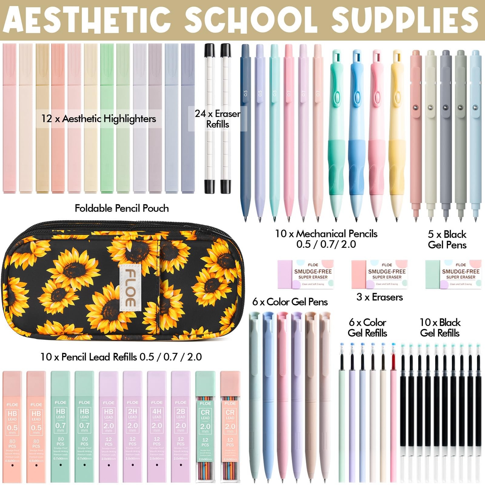 65PCS Aesthetic School Supplies with Cute Pencil Case, Pastel Highlighters Pe…