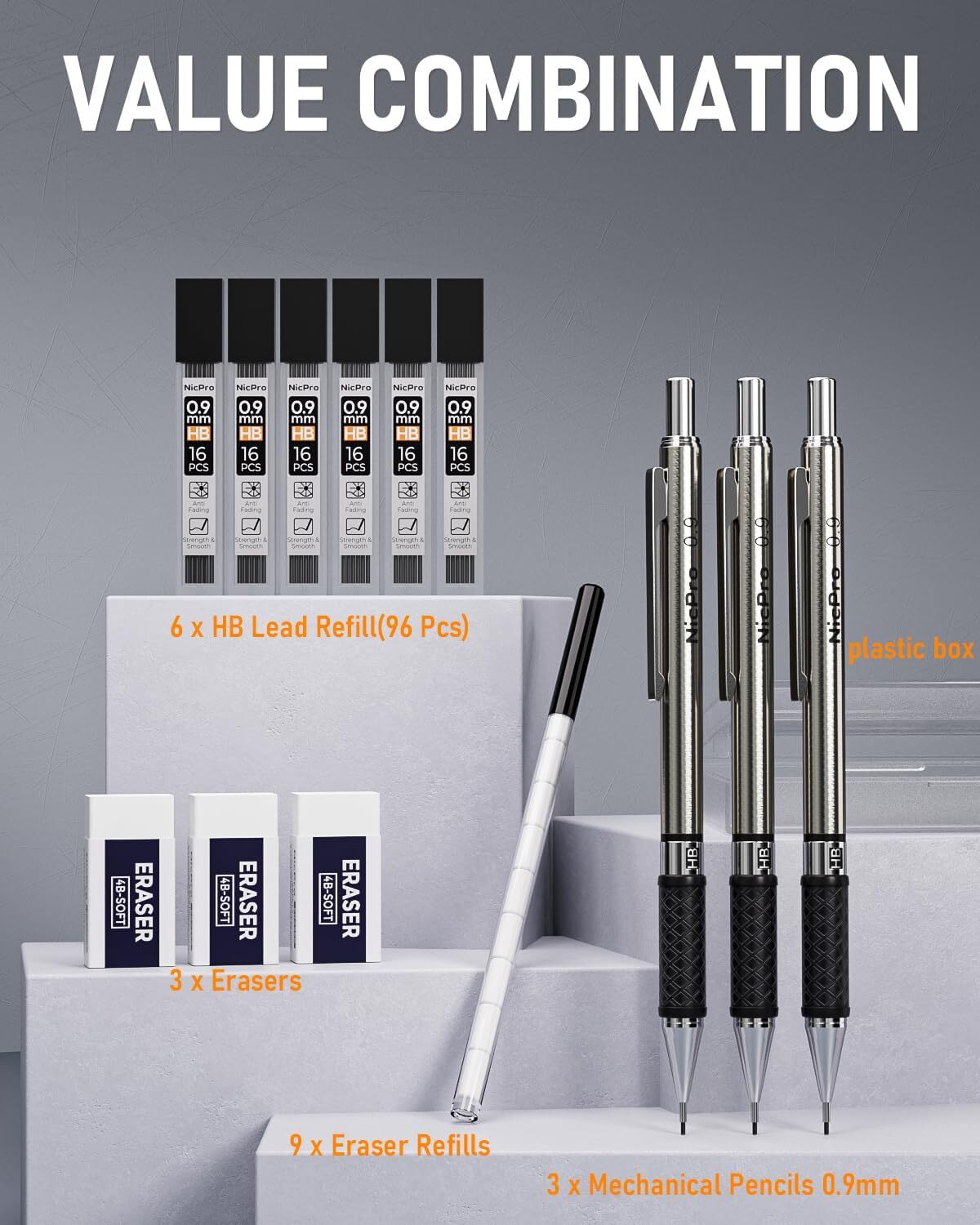 Nicpro 0.9 mm Mechanical Pencil Set with Case, 3PCS Metal 0.9MM, Metallic