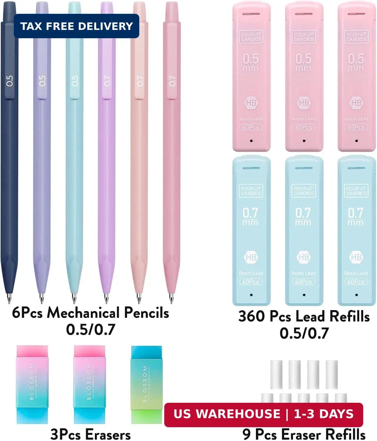 Four Candies Cute Mechanical Pencil Set, 6PCS Pastel Mechanical Pencils 0.5 & 0.