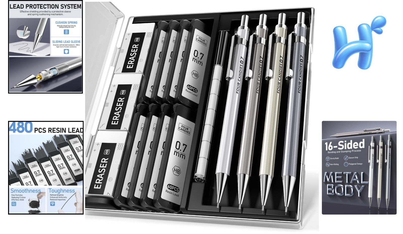 Professional 4PCS Metal Mechanical Pencils – 0.7mm with Refillable Leads