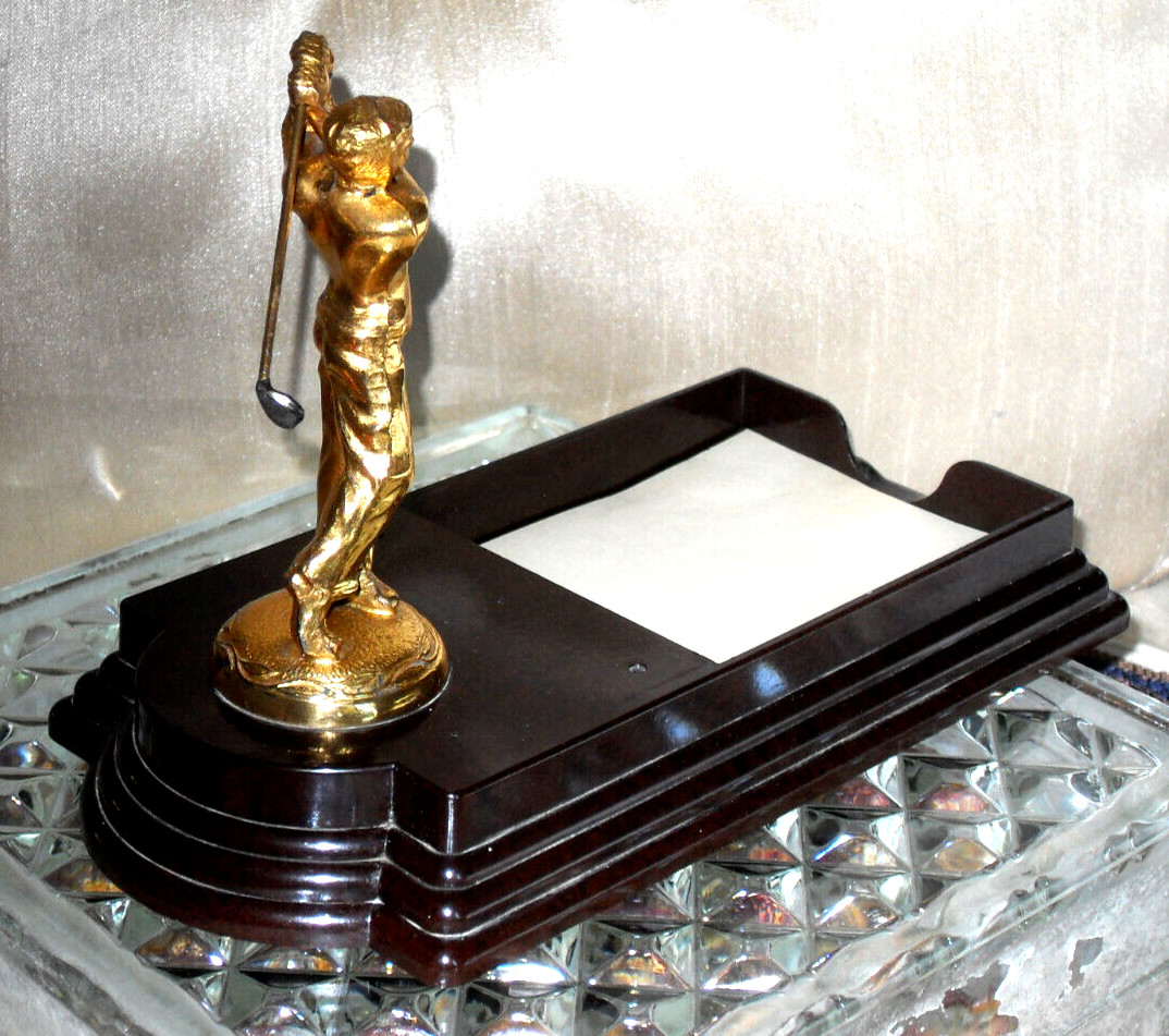 Vintage Dodge Wm A Rogers trophy, golden golfer on Bakelite desk tray notepad
