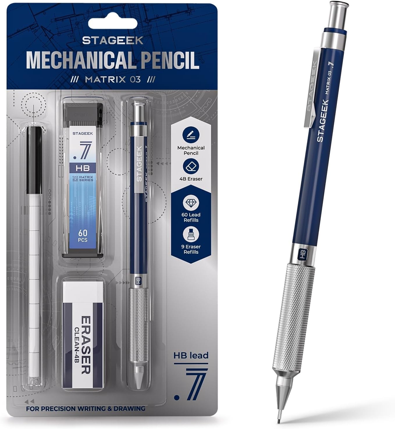 0.7 mm Mechanical Pencil, Metal Art & Drafting Pencil with Eraser and 60 HB L…