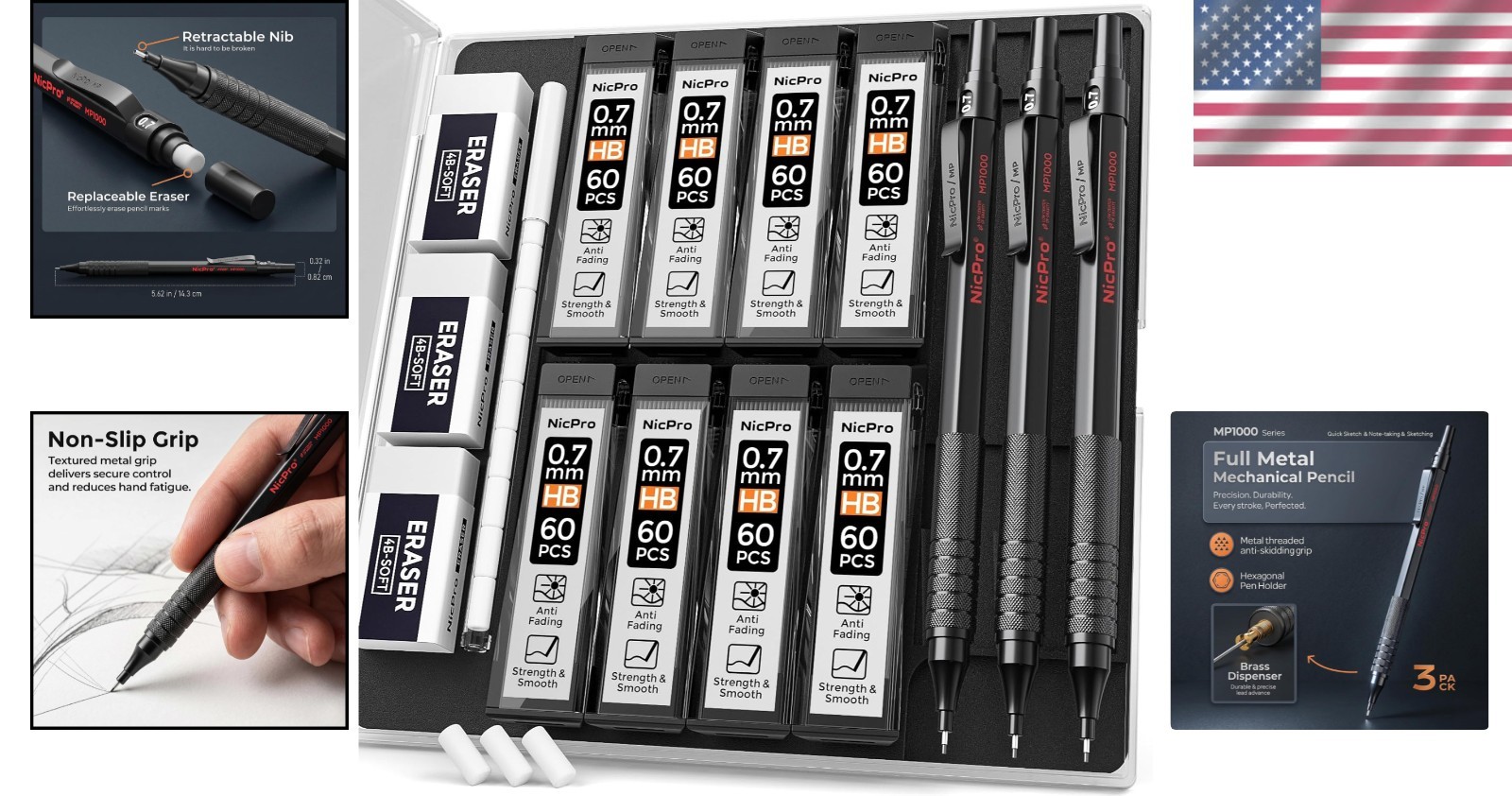 Durable 0.7mm Mechanical Pencil Set with 3 Erasers & 480 Lead Refills Included