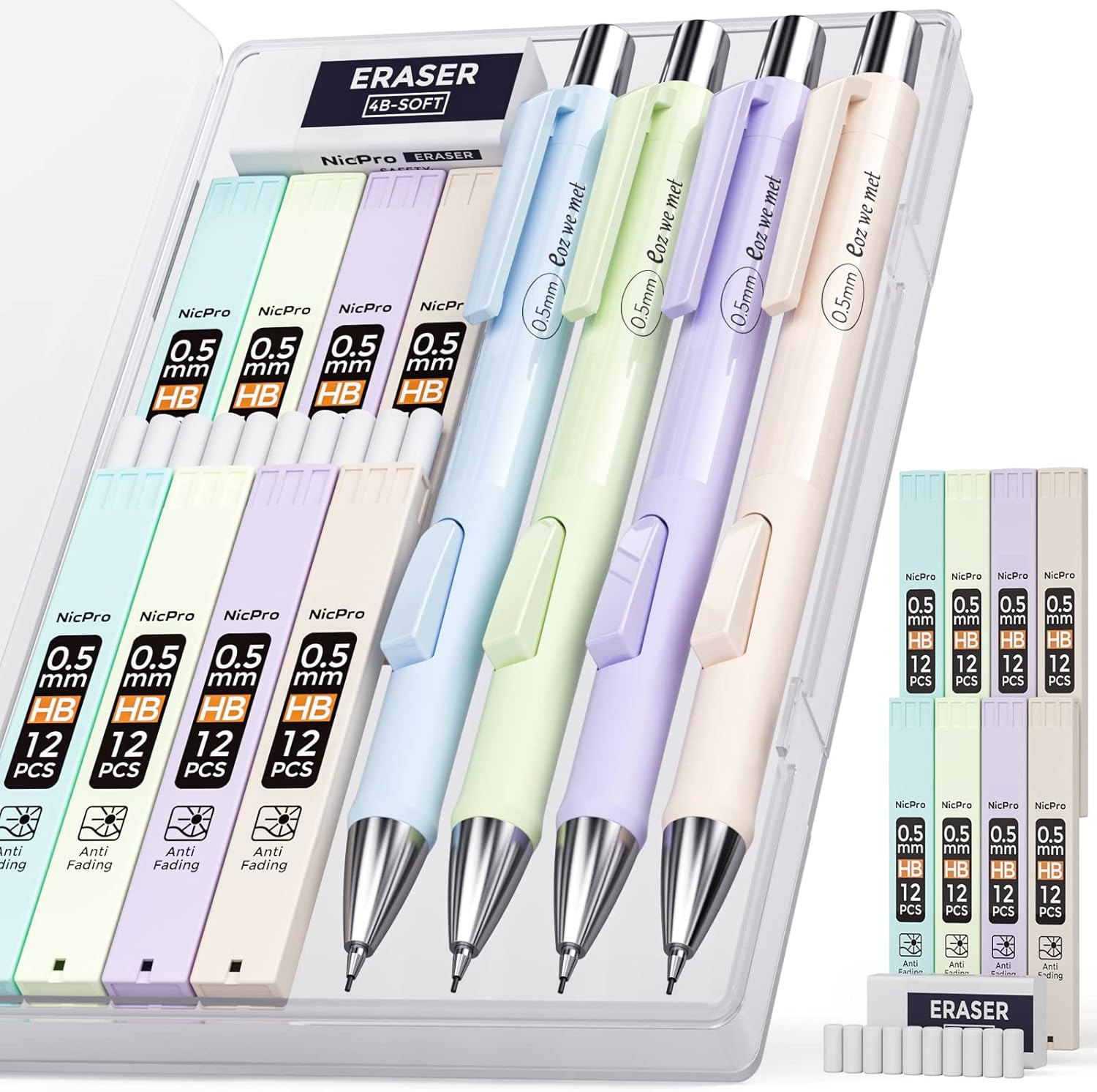 4PCS Pastel Mechanical Pencil 0.5Mm, Cute Fast Click Mechanical Pencils Set with
