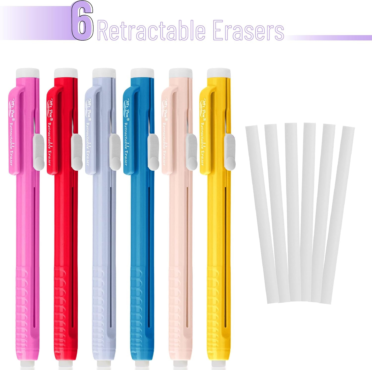 – Retractable Mechanical Eraser Pens, 6 Pack, Ice Cream Colors | Latex-Free Prec