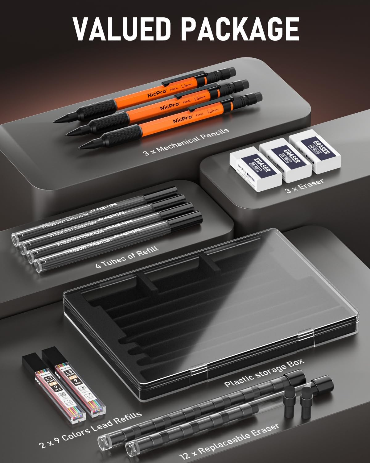 Nicpro 3 PCS 1.3 mm Orange Mechanical Pencils Set with 66 Lead 3 Pack,