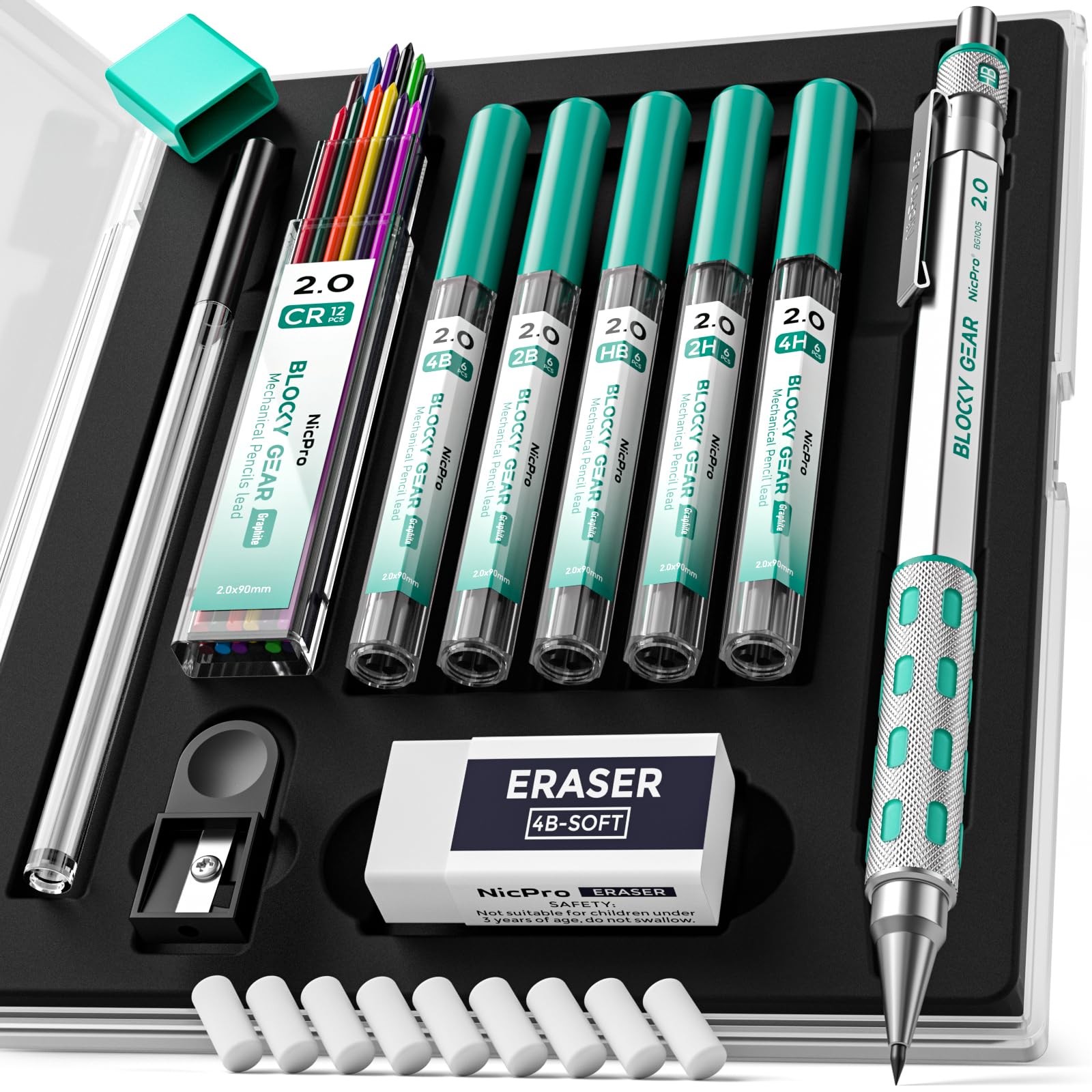 Nicpro Blocky Gear 2.0 mm Mechanical Pencils Set in Case, Metal mm, Black