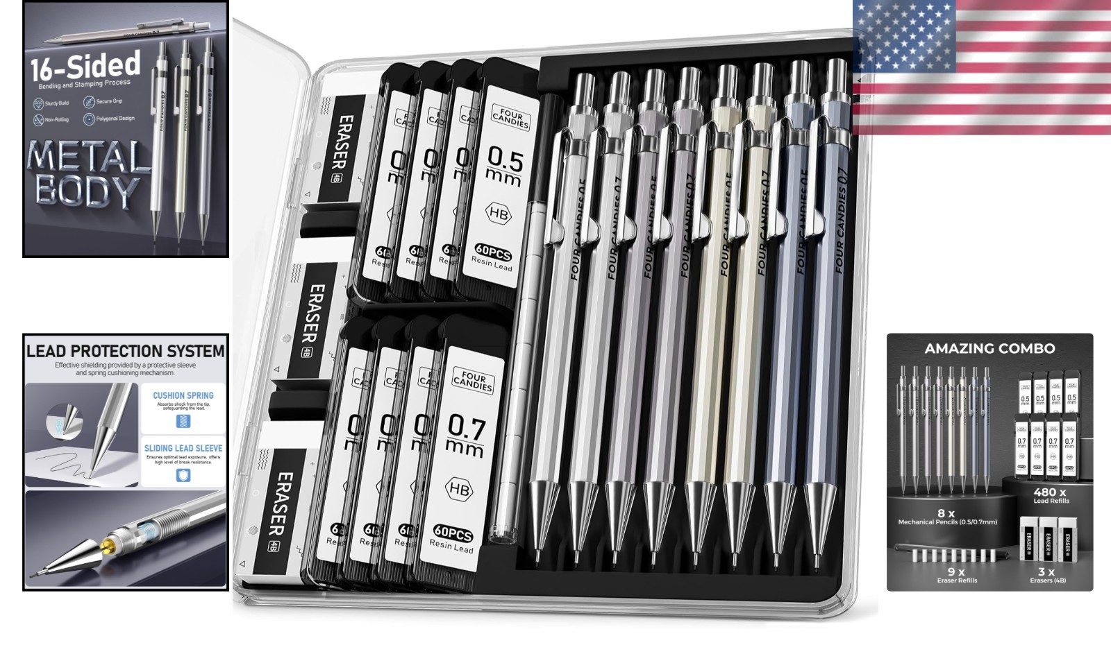 Professional 8 Piece Metal Mechanical Pencil Set for Writing, Drawing & Drafting