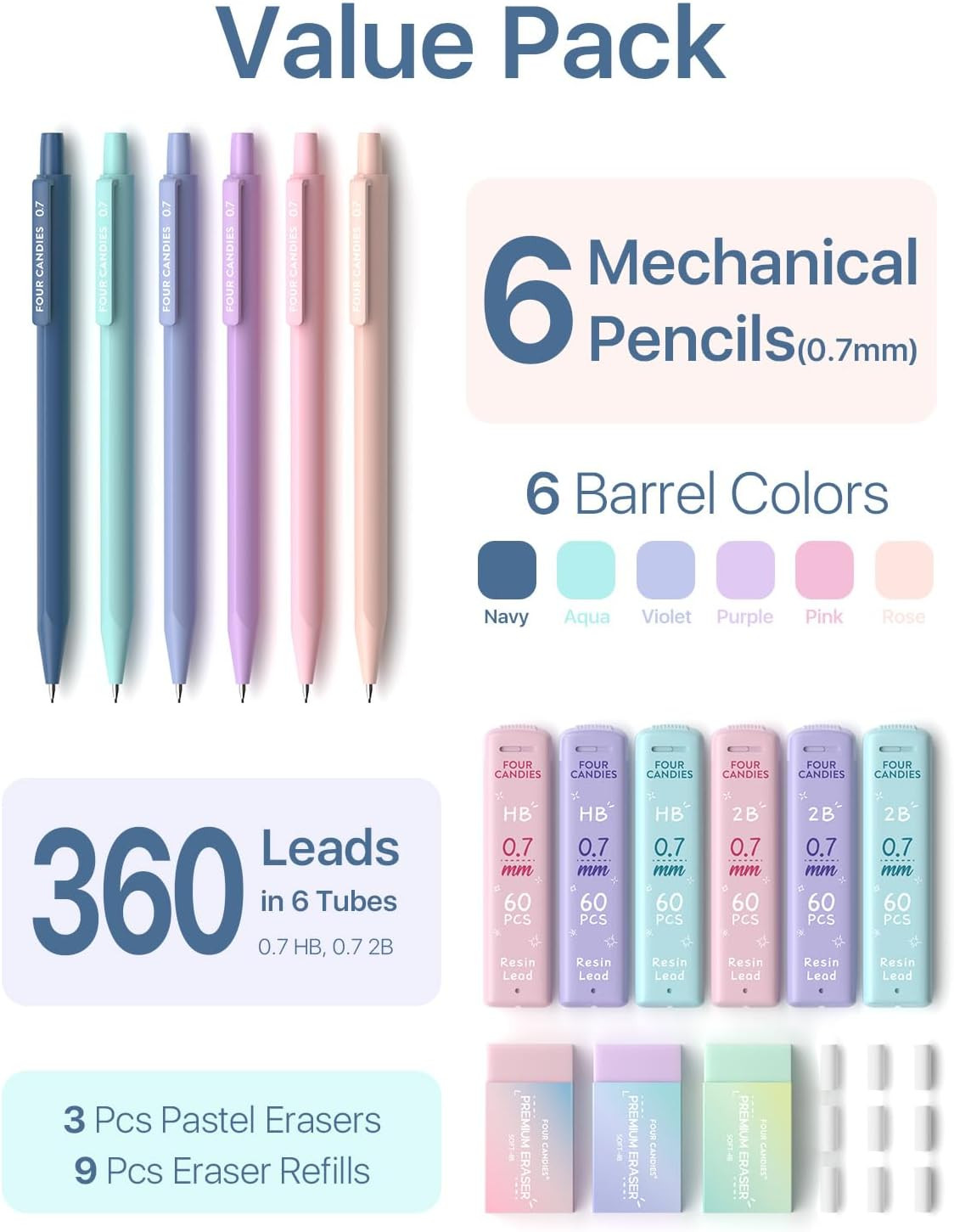 Mechanical Pencils 0.7Mm, with HB & 2B Lead Refills 0.7, Pastel Eraser Set & Era