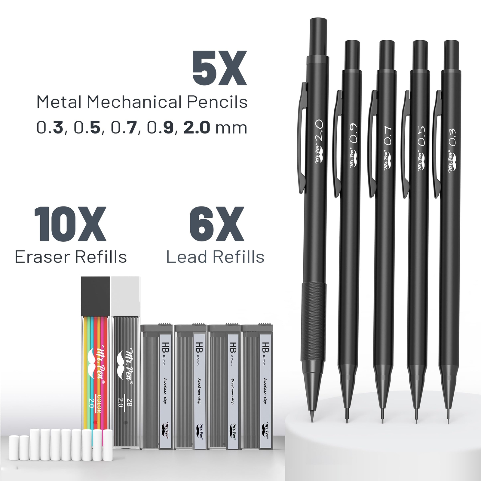 – Metal Mechanical Pencil Set with Lead and Eraser Refills 5 Sizes Black 0.3