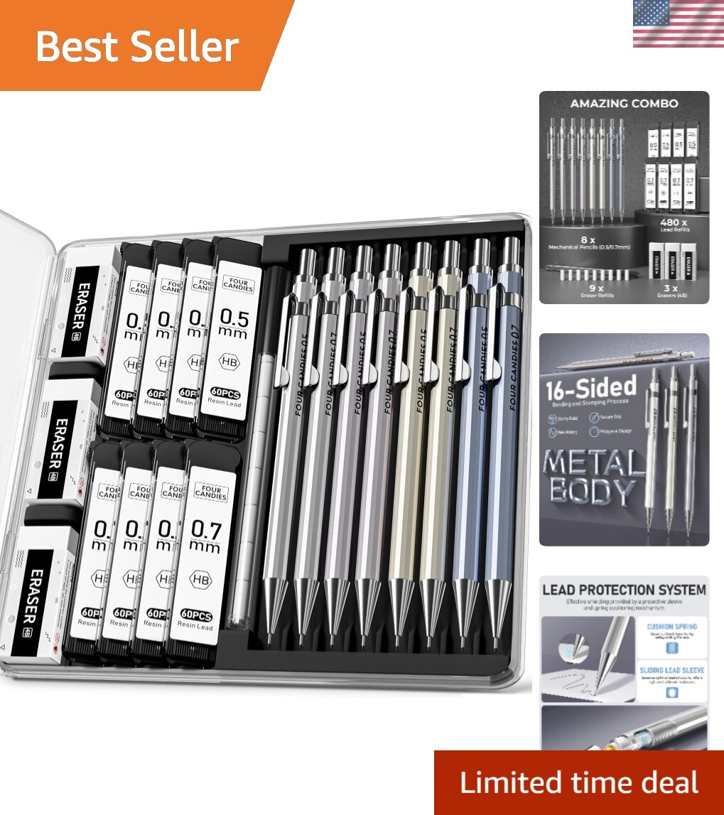 8PCS Metal Mechanical Pencils Set with HB Lead Refills & Erasers – All-in-One