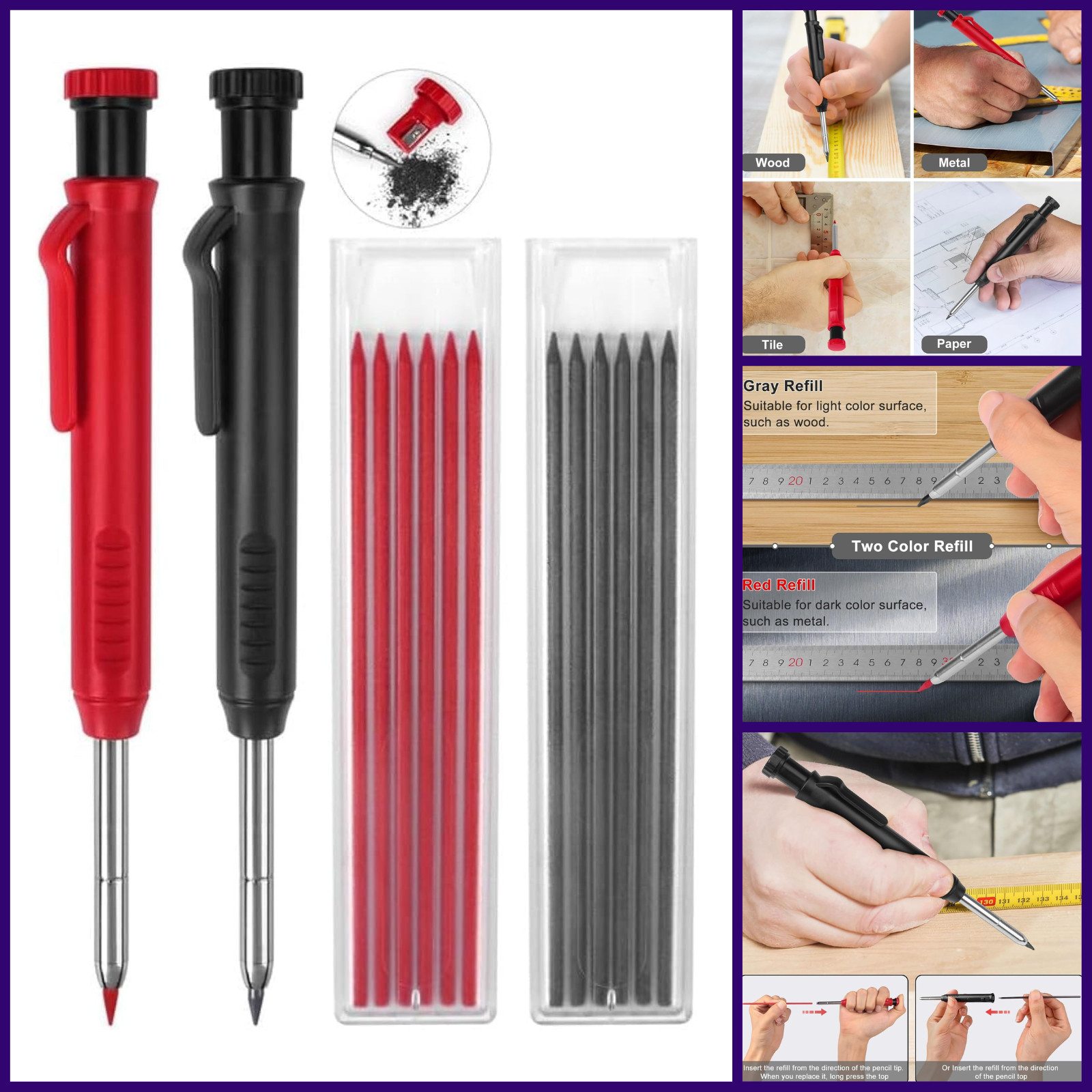 2 Pack Carpenter Mechanical Pencils w/12 Refills Deep Hole Marker Sharpener