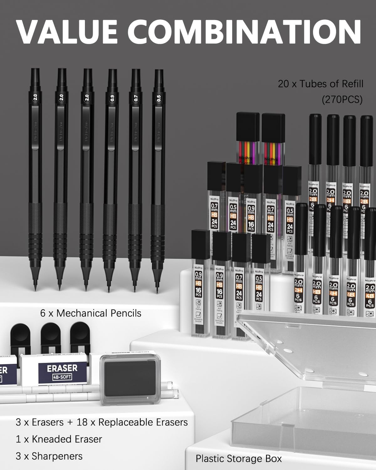 Nicpro 35PCS Black Metal Mechanical Pencils Set in 1 Count (Pack of 6),