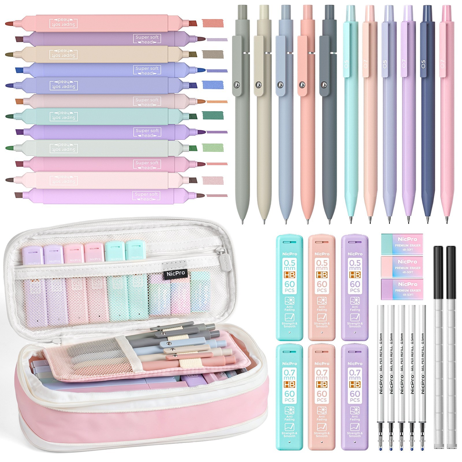 Nicpro 39PCS Pink Pencil Case Set: 12 Highlighters, 5 Black Pens, 6 Pencils