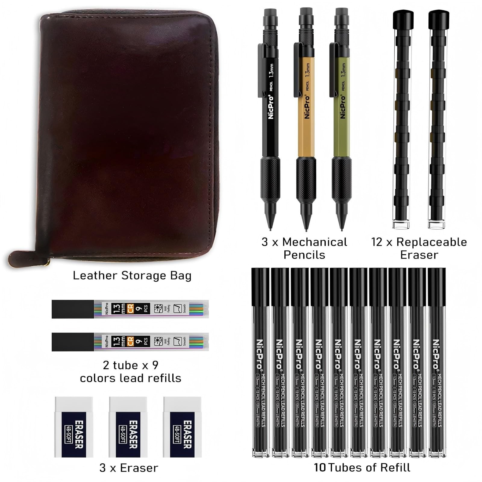 Nicpro 21PCS 1.3 mm Mechanical Pencil Set in Leather Bag with 138 Multicolor