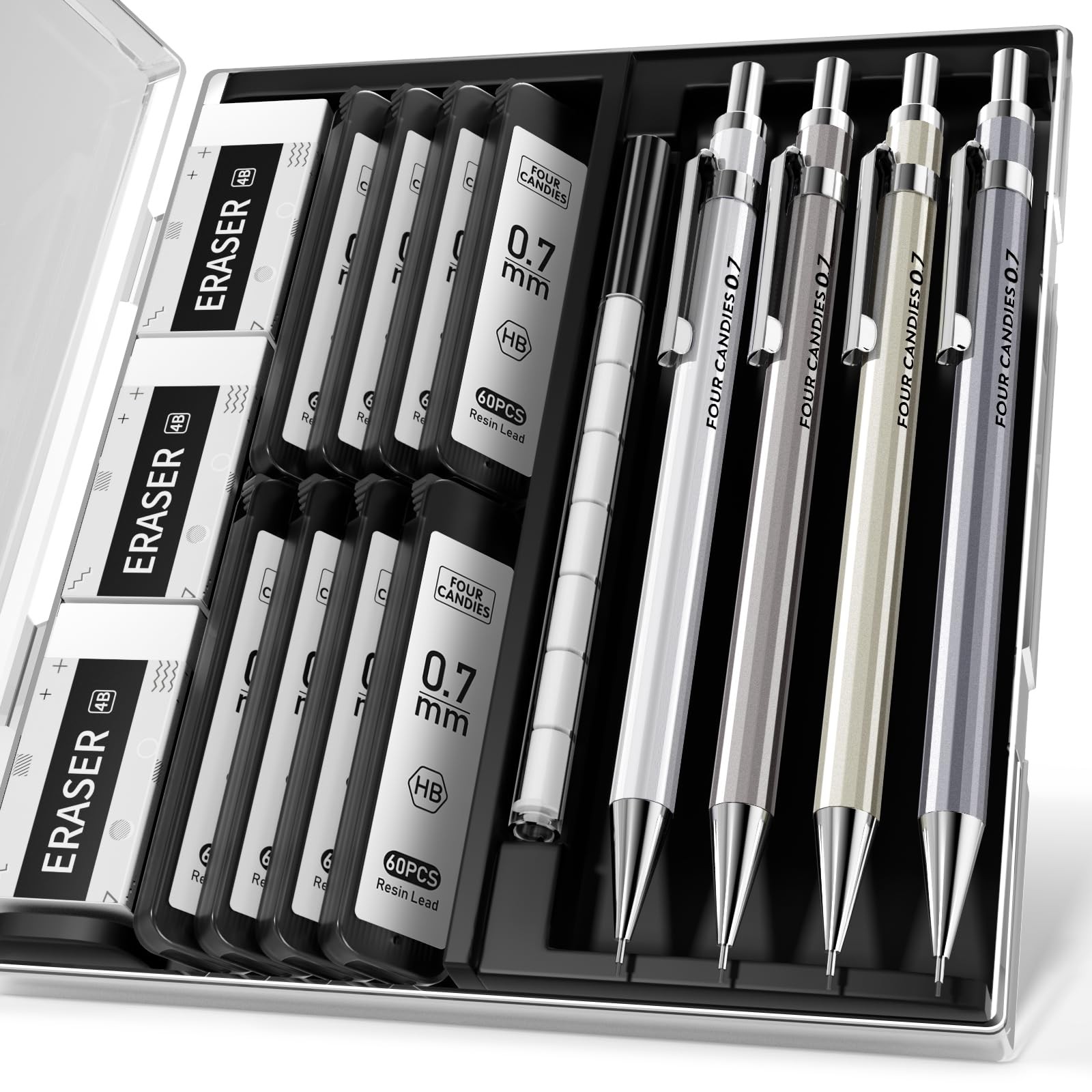 Four Candies 0.7mm Mechanical Pencil Set with Case – 4PCS Metal Mechanical Pe…