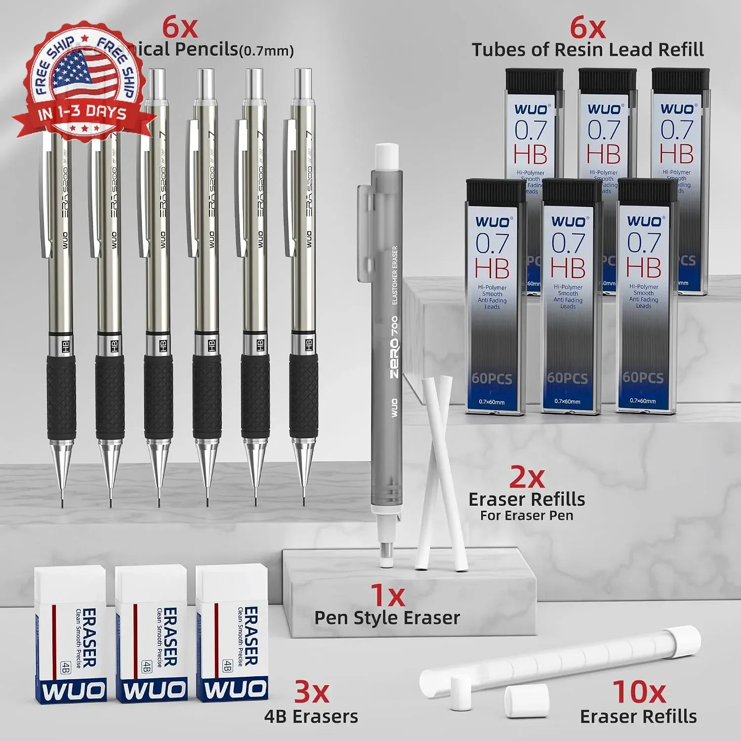 WUO 0.7mm Mechanical Pencil Set in Storage Case, 6PCS Metal Drafting Pencils wit