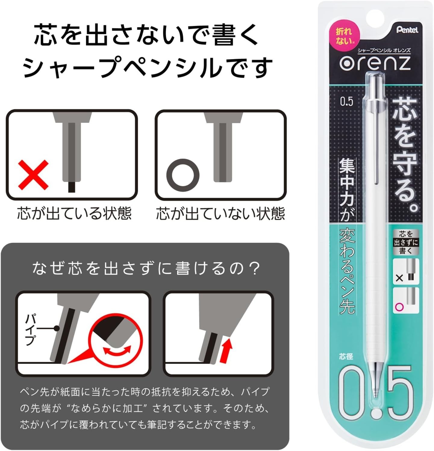 Innovative Orenz White Mechanical Pencil 0.5mm with Contoured Grip and Eraser