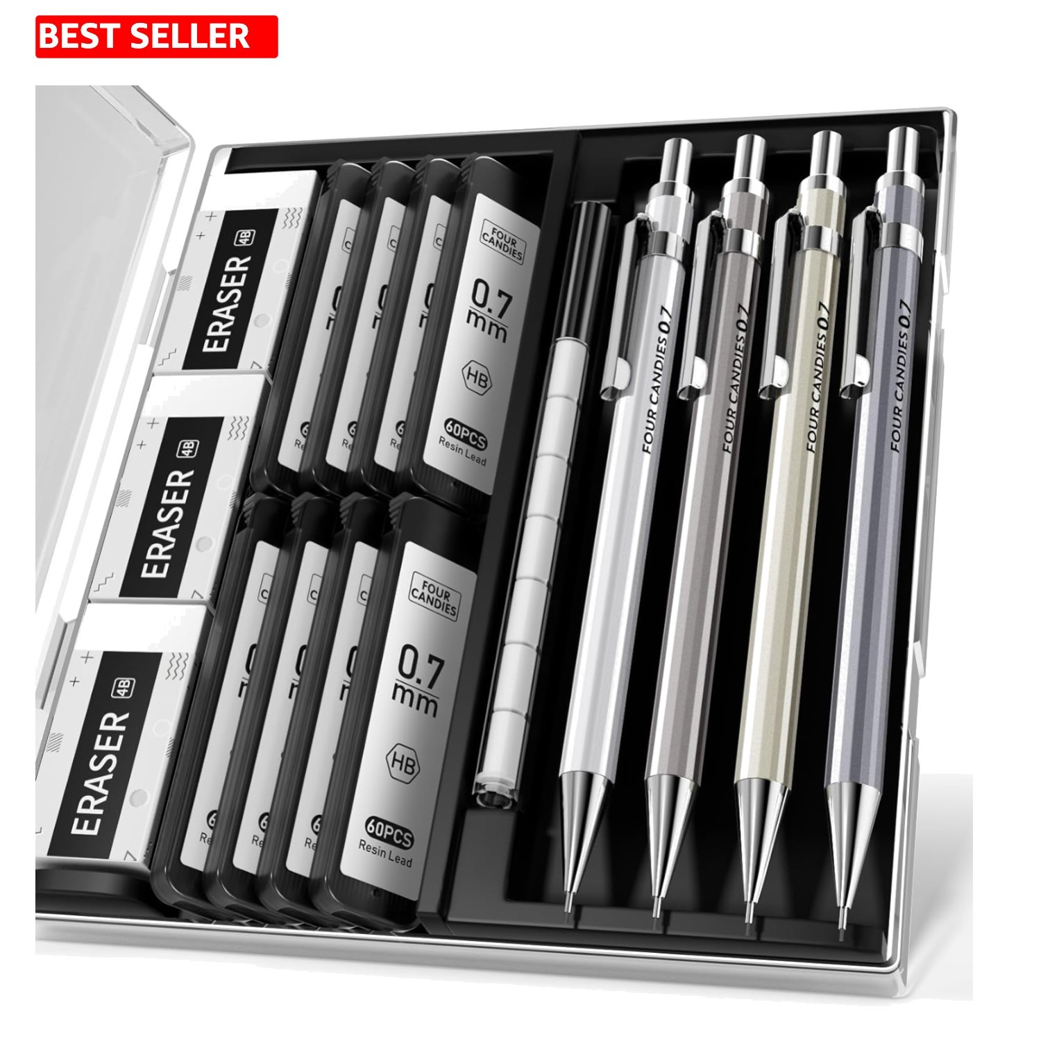Professional 4PCS Metal Mechanical Pencils – 0.7mm with Refillable Leads