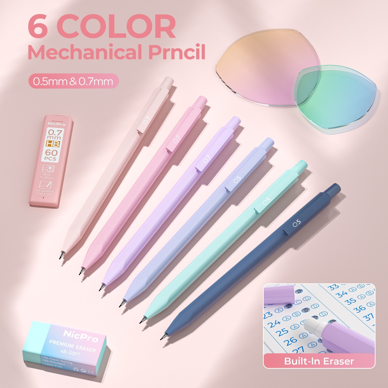 Nicpro 39PCS Pink Pencil Case Set: 12 Highlighters, 5 Black Pens, 6 Pencils