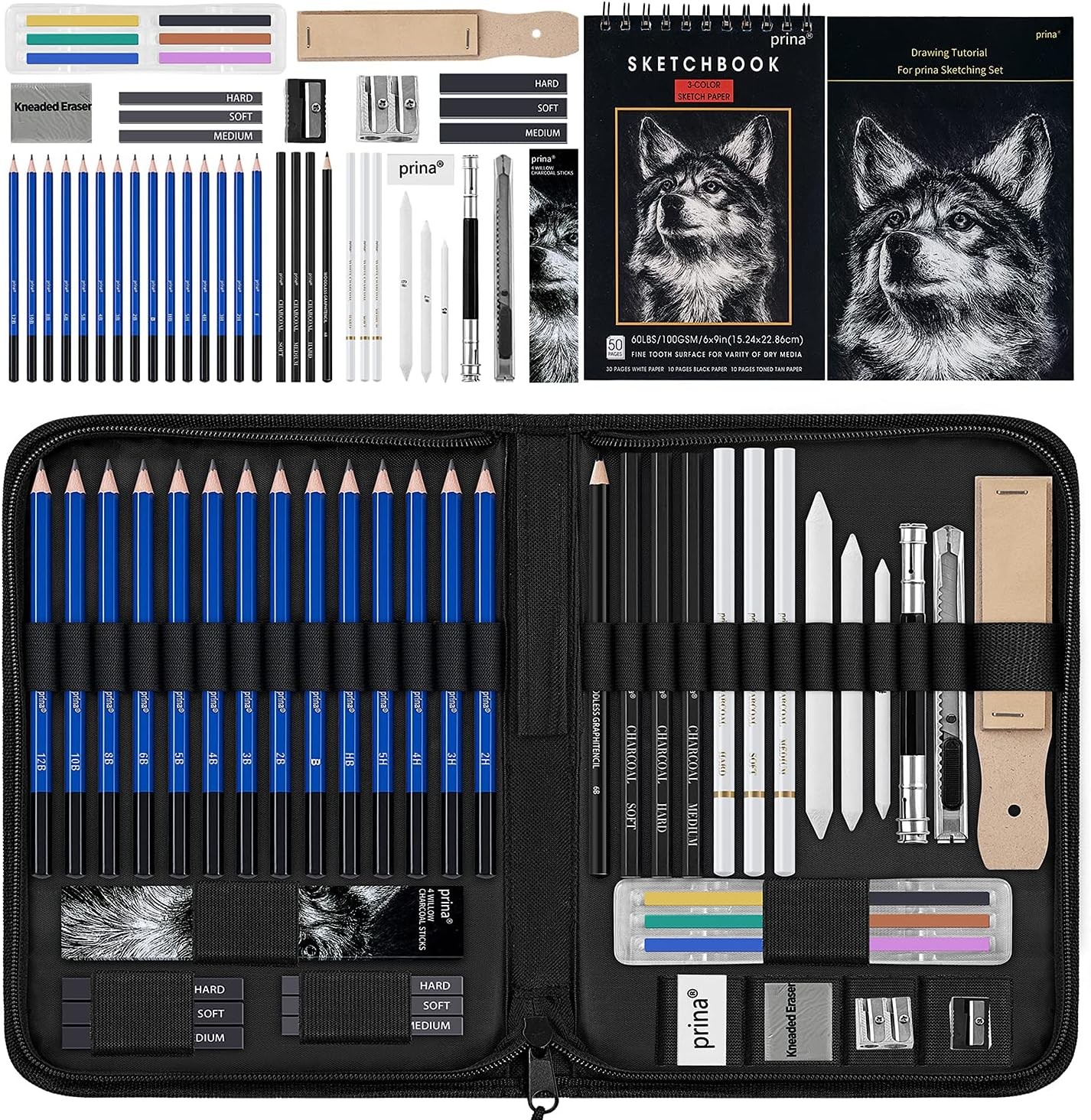 Prina 50 Pack Drawing Set Sketch Kit, Sketching 49 Piece Set, Multicolor