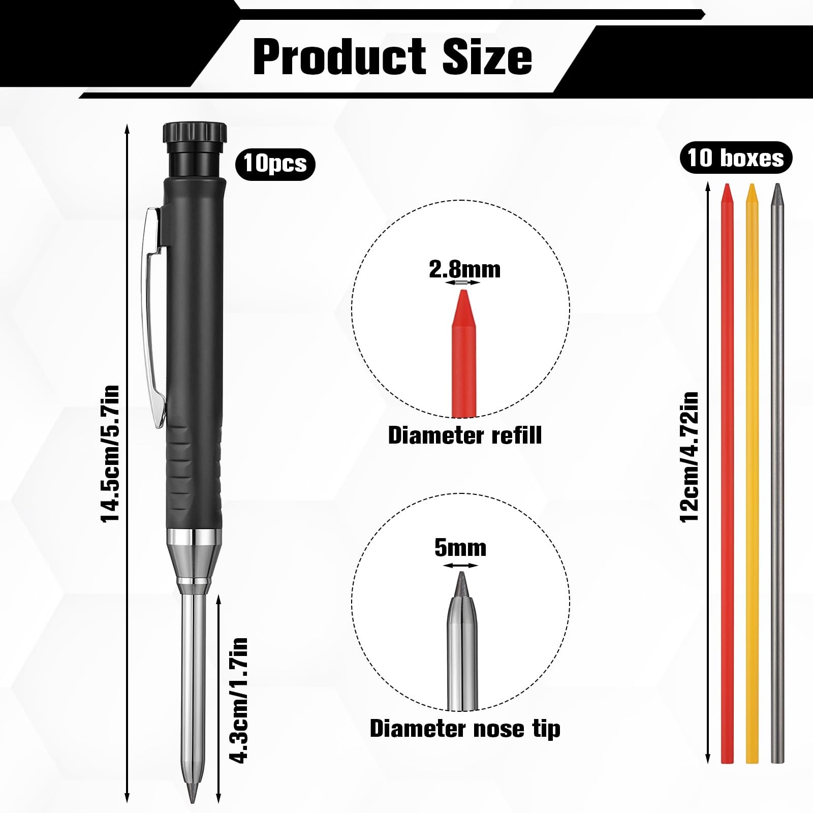 BOHUIZ 10 Pcs Solid Carpenter Pencils with 60 2.8mm Refills, Needle Nose Tip …