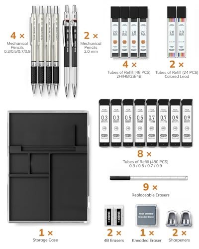 27PCS Mechanical Pencil Set with Case, 0.3-0.9mm Pencils & 552 Lead Refills, Art