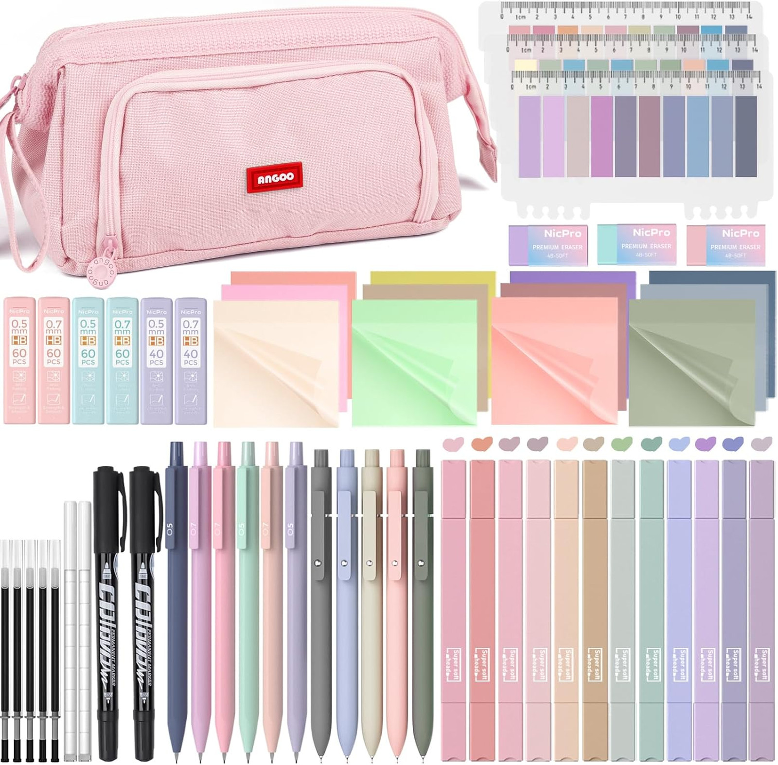 Aesthetic Stationery Kit with Pens Highlighters Sticky Notes and Pencils for