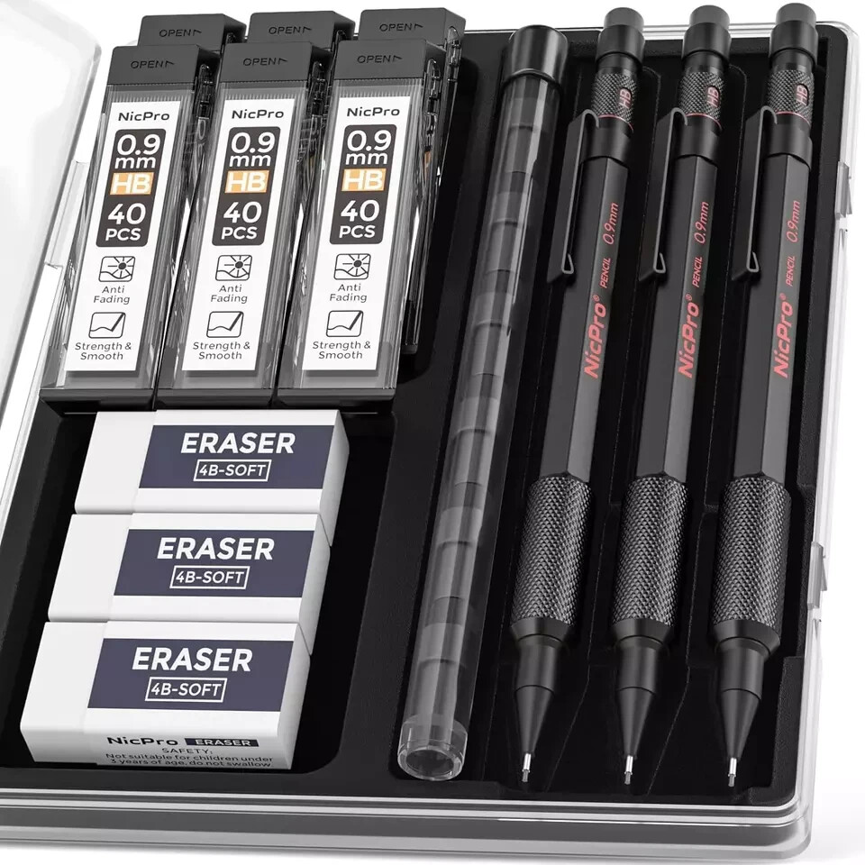 Nicpro 0.9 Metal Mechanical Pencil Set with Case, 3PCS Hevey Duty MP2000 Lead Pe