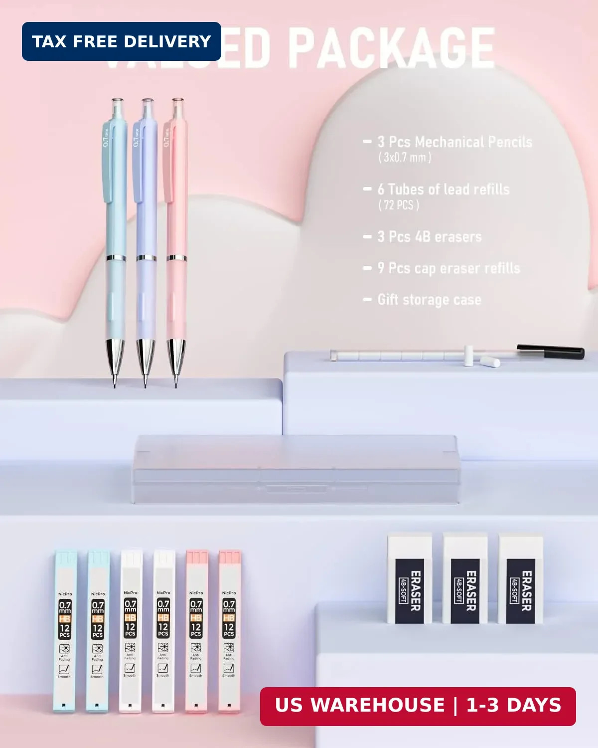 Nicpro 3PCS Cute Mechanical Pencil Set with Case, 0.7 mm Pencils with 6 Tube HB