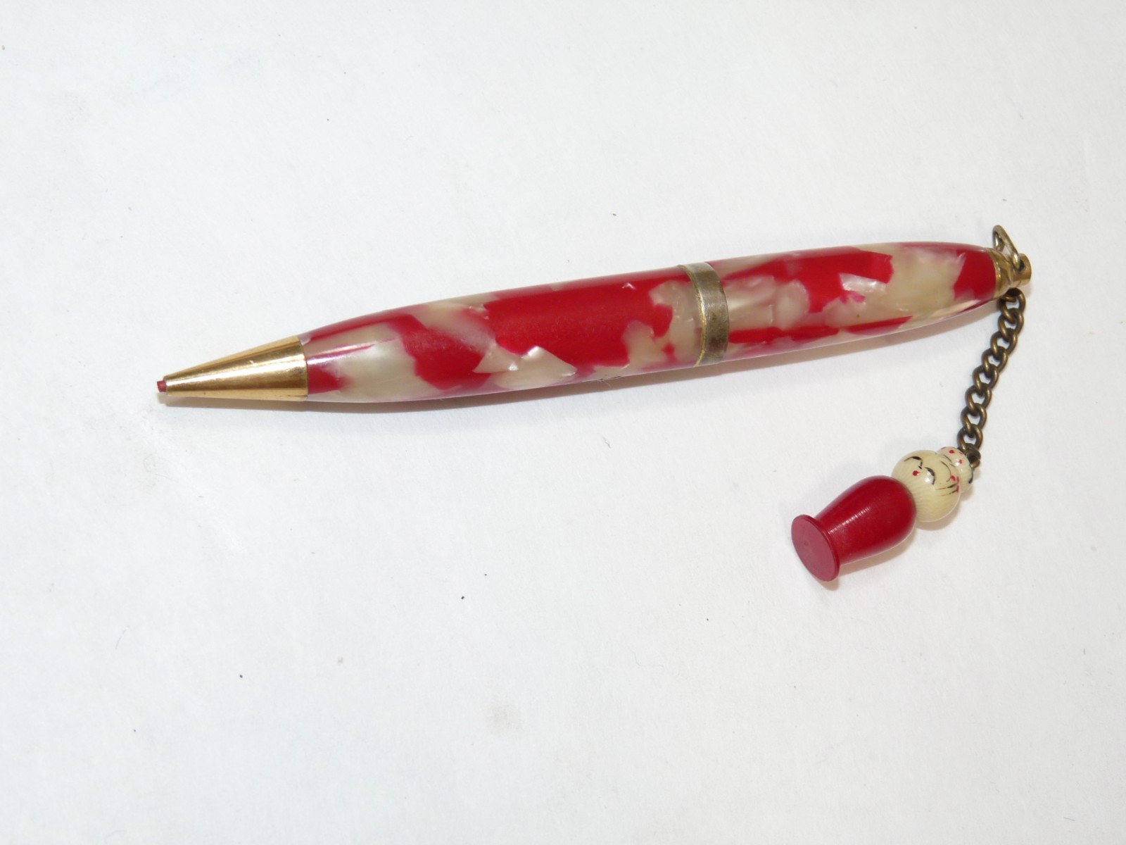 Vintage Marbled Red Acrylic Mechanical Pencil Dangling Asian Character on chain