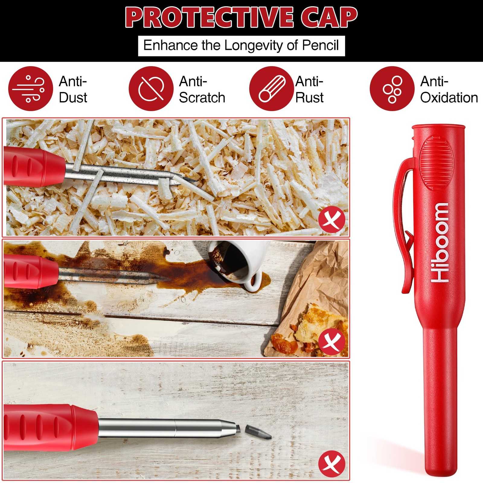 Hiboom 2 Pcs Carpenter Mechanical Pencils Marker with 18 Refills Red