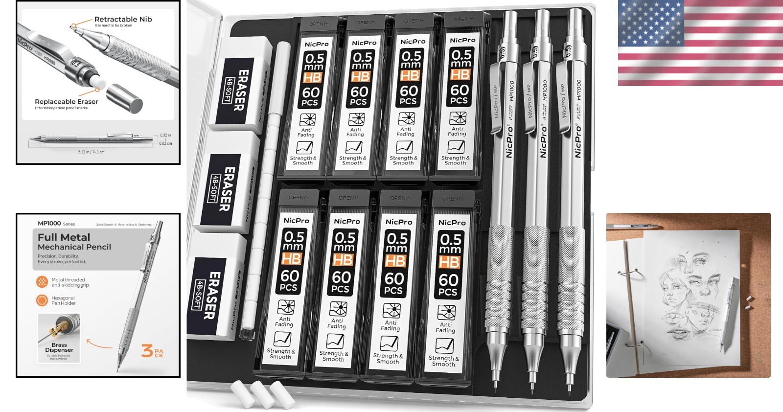 Professional Mechanical Pencil Set with 8 HB Lead Refills & Storage Case – 0.5mm