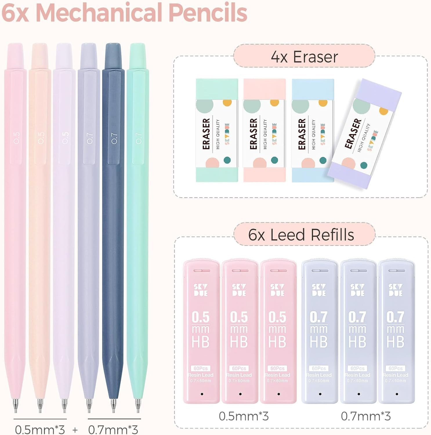 SKYDUE Cute Mechanical Pencils Set, 0.5Mm & 0.7Mm Mechanical Pencils, 360PCS HB
