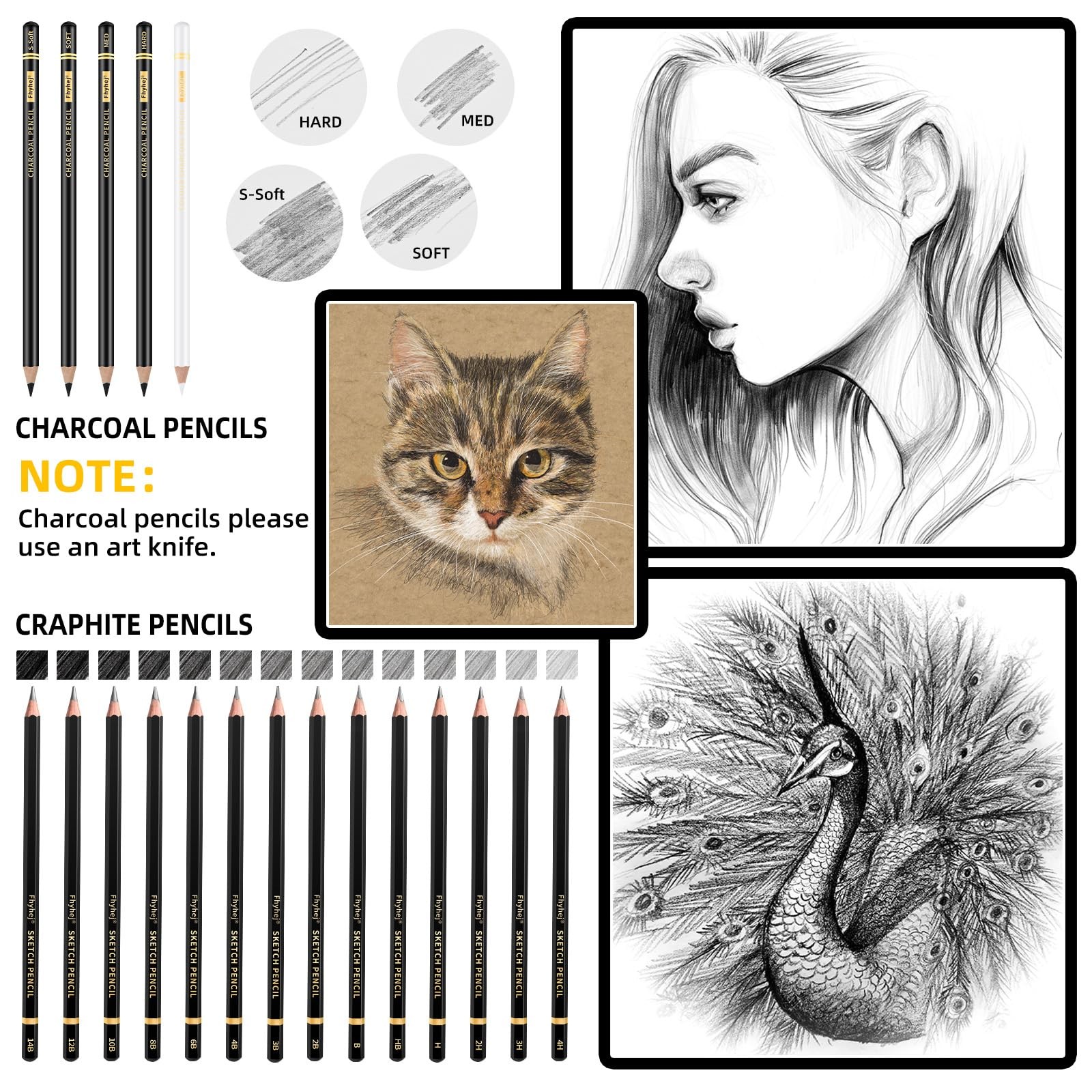 24-Piece Drawing Pencil Set – 14 Graphite Sketch Pencils (14B-4H), 4 Black