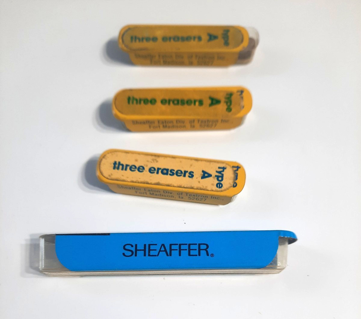 Lot of 4 Vintage Mix Sheaffer Blue and White Erasers in Tins
