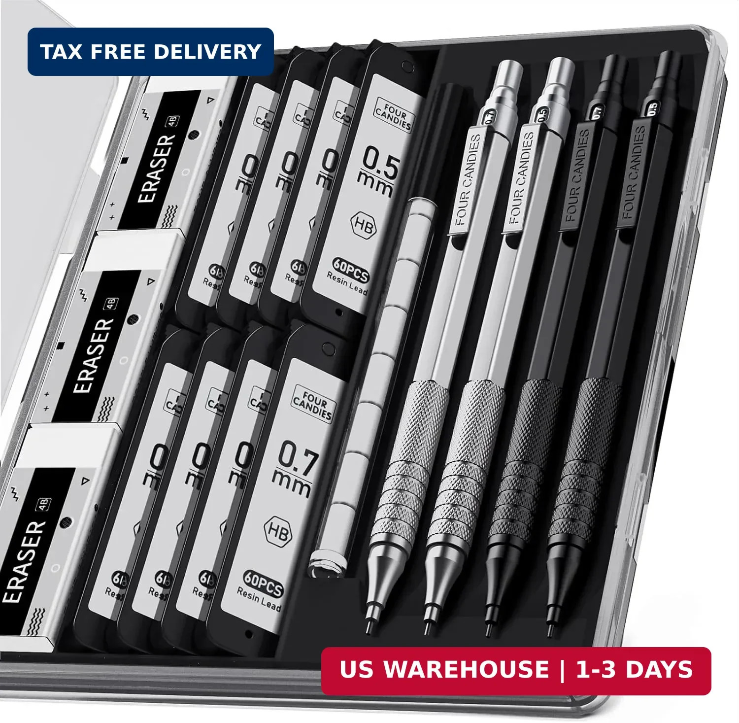 Four Candies 4PCS 0.5mm & 0.7 mm Metal Mechanical Pencils Set, 480PCS Lead Refil