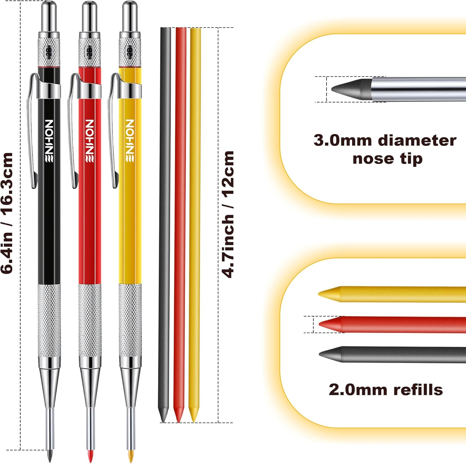 3 Pcs 2Mm Mechanical Carpenter Pencil Set with 36 Marker Refills and Sharpener,