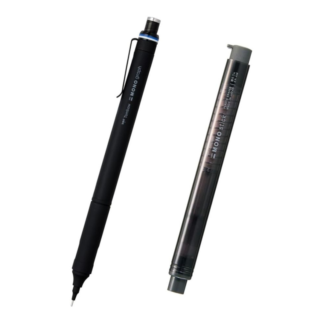 Tombow MONO Graph Fine 0.5mm Pencil & MONO Stick Eraser Set Black Japan New