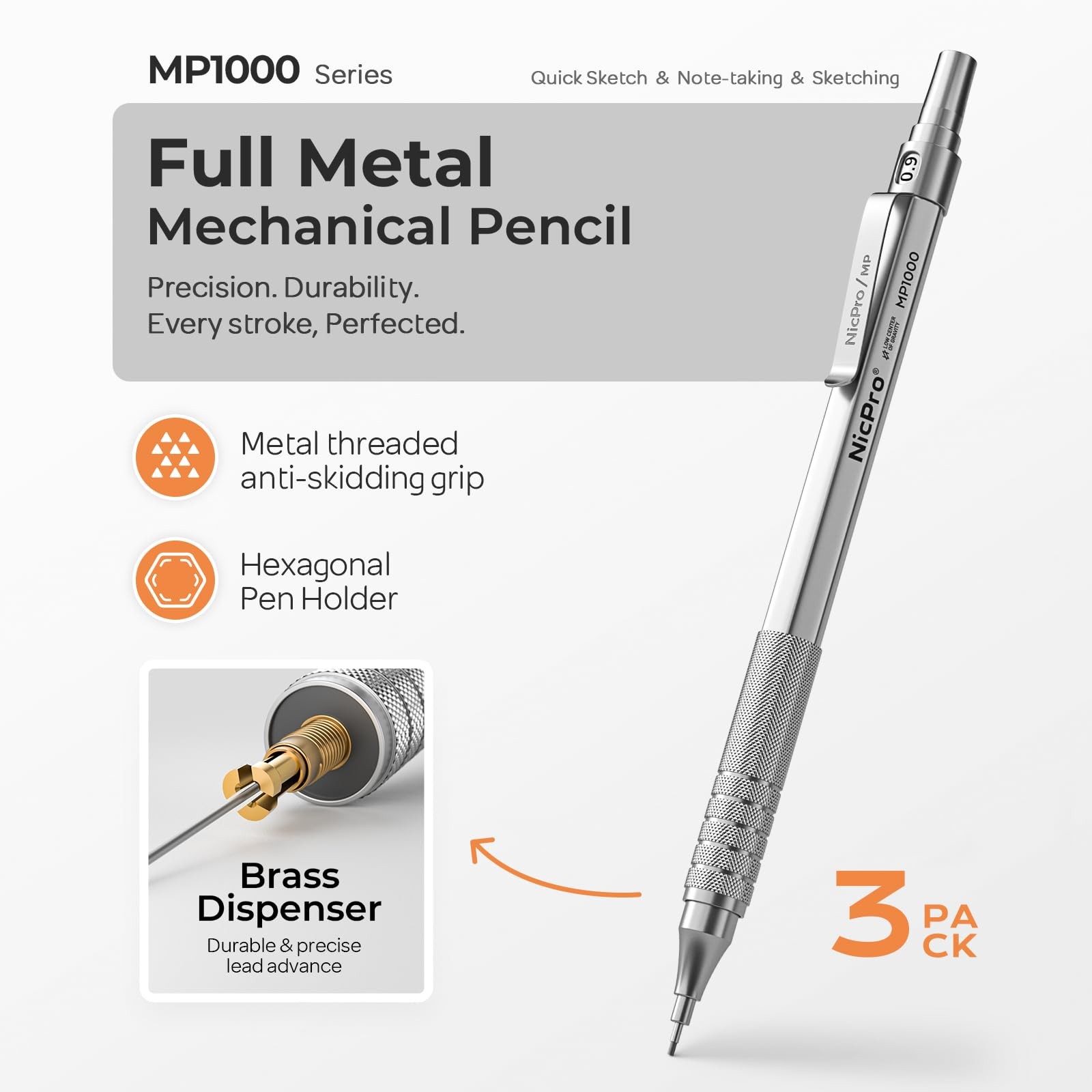 Nicpro 0.9 mm Metal Mechanical Pencil Set with Case, 3PCS MM, Silver