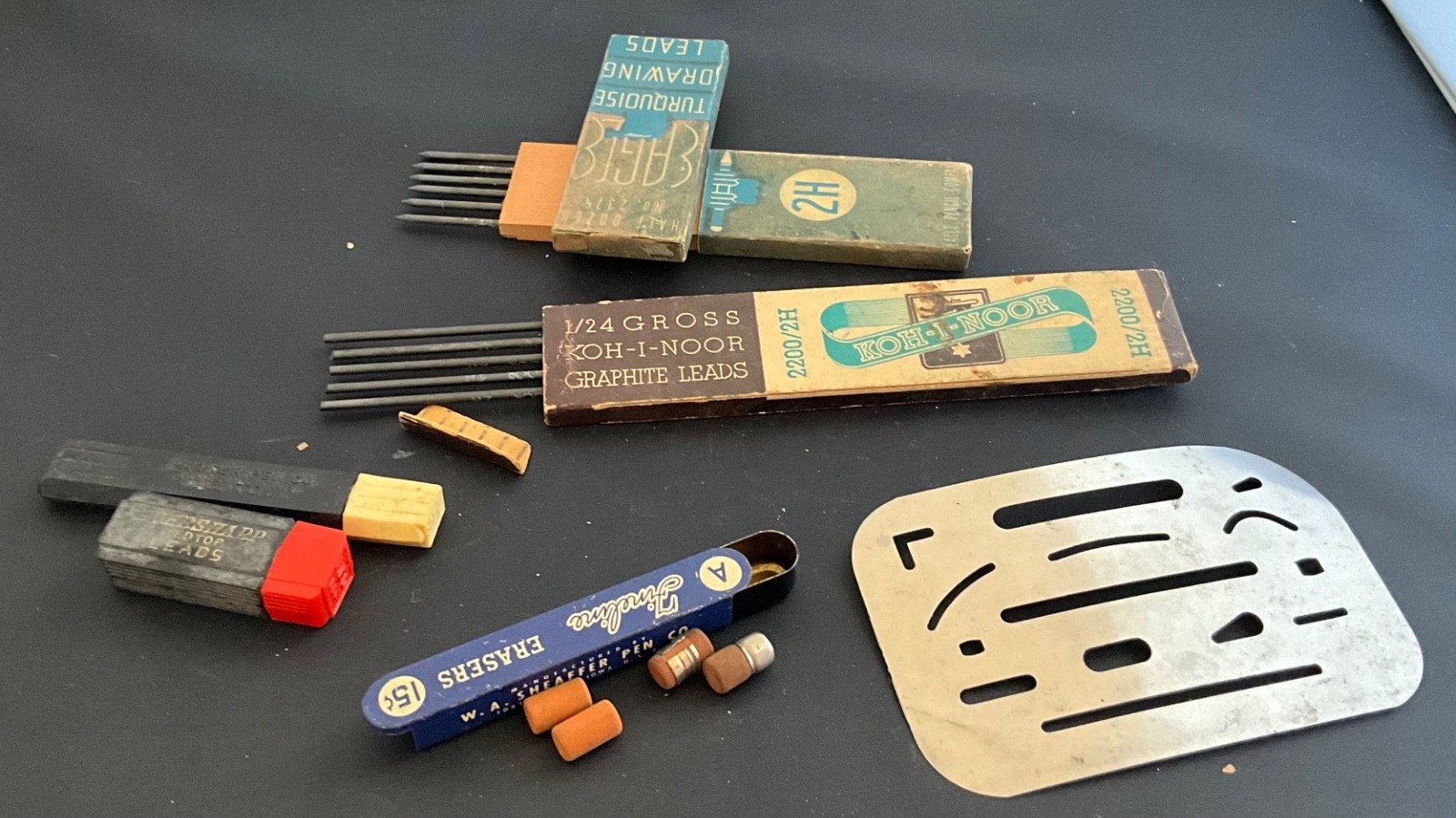 MIXED LOT OF VINTAGE MECHANICAL LEADS, ERASING SHIELD, ERASERS W/VINTAGE TIN