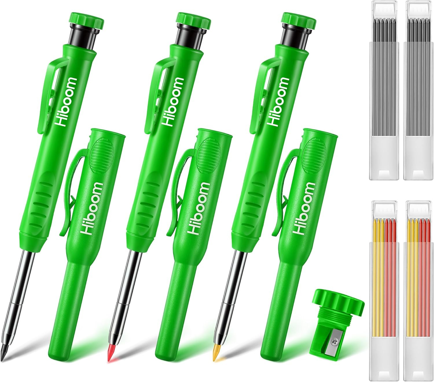 3 Pack Carpenter Pencil with 24 Refills (Red, Black, Yellow), 2.8 Mm Heavy Duty
