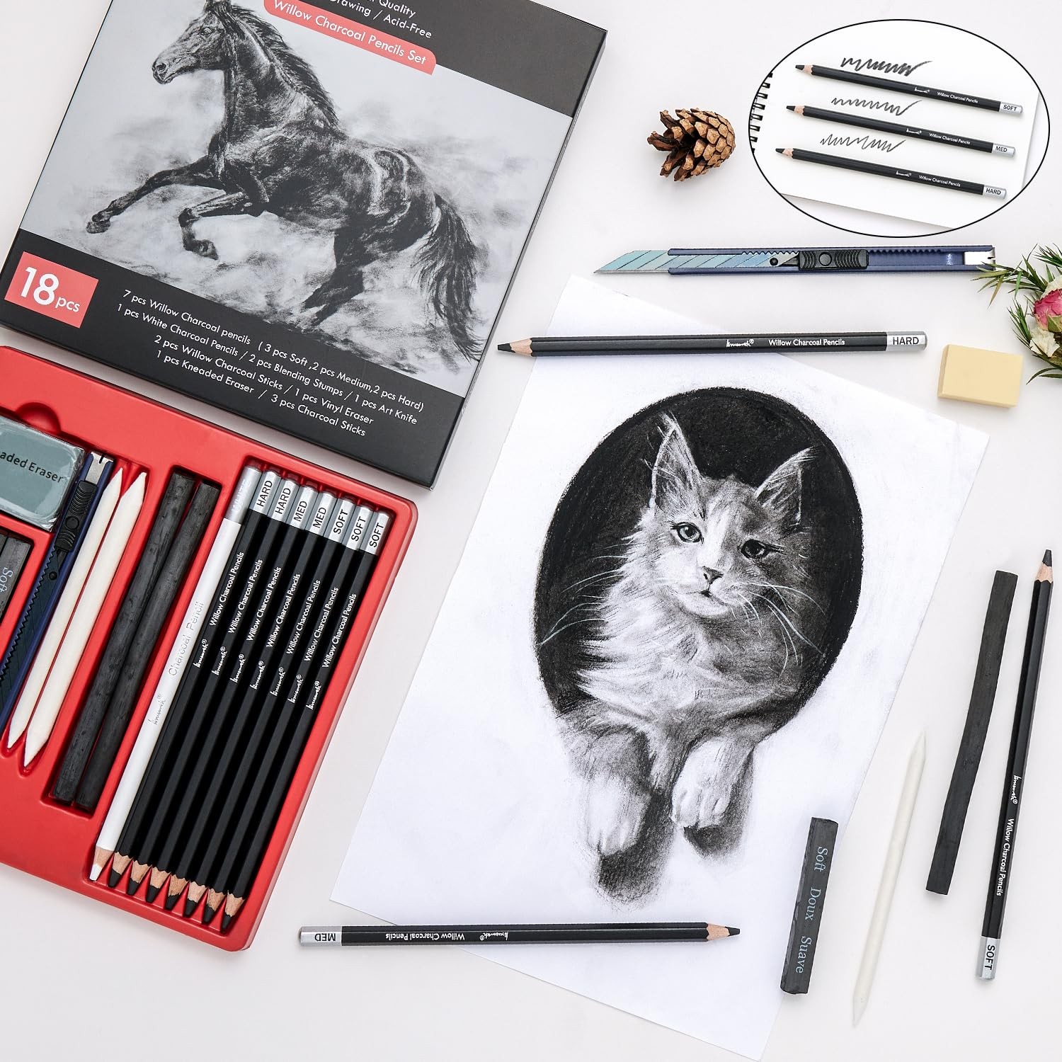 Brusarth Charcoal Pencils for Drawing, 18 Pcs Art Pencil Kit, Black,White