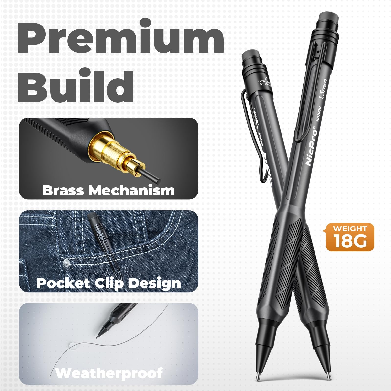 Nicpro 1.3mm Weatherproof Mechanical Pencil Set, HD1000 Metal 1 Pack, Black