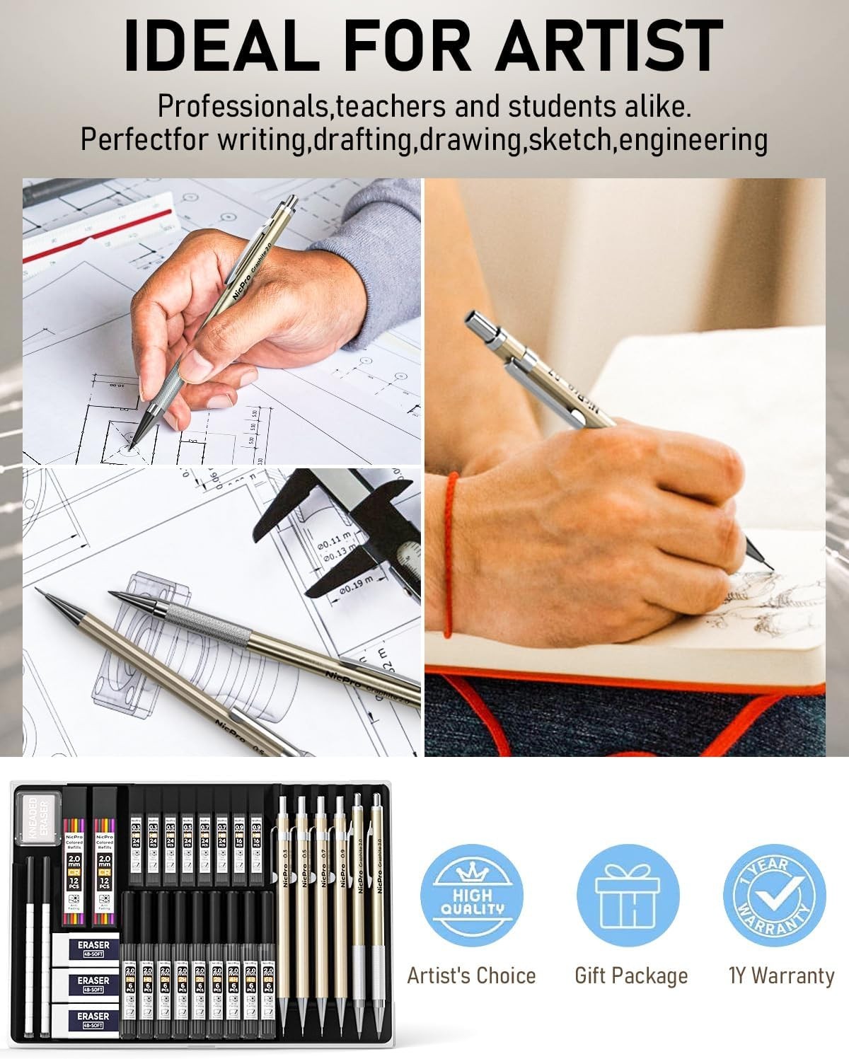 Effortless Drawing Tools: 34PCS Metal Mechanical Pencils with 3 Erasers Included